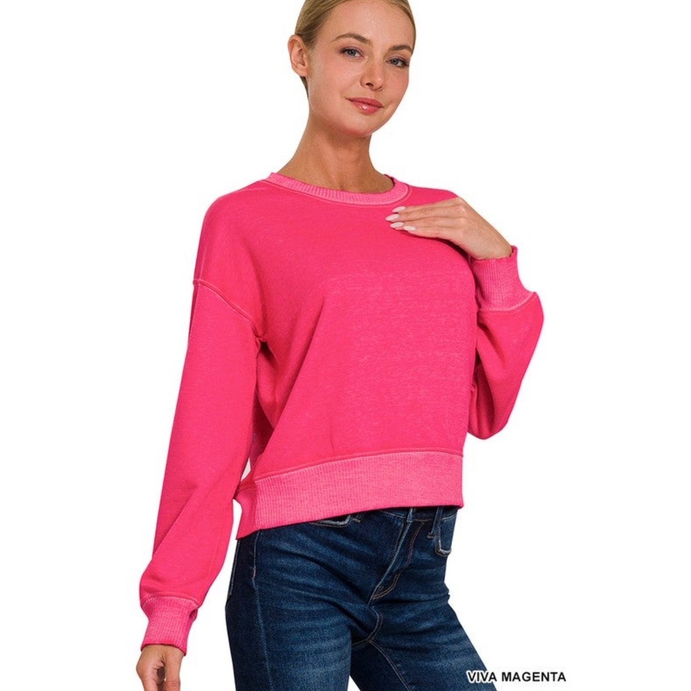 Zenana Washed French Terry Boat Neck Pullover Magenta Sweatshirt TTW-5231Y Small